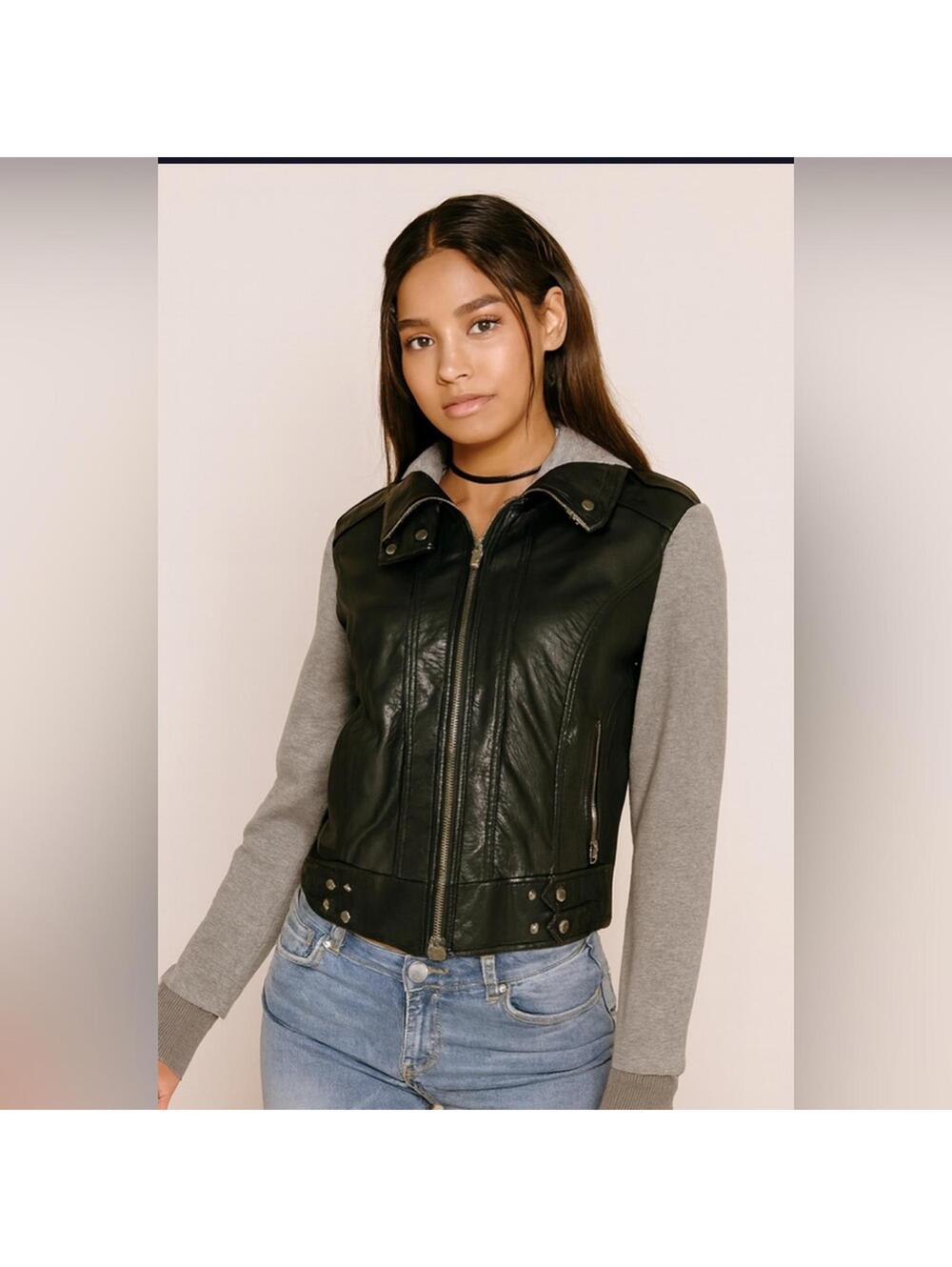 Miss London Y2K black vegan Leather Jacket with Heather Gray Sleeves m/L